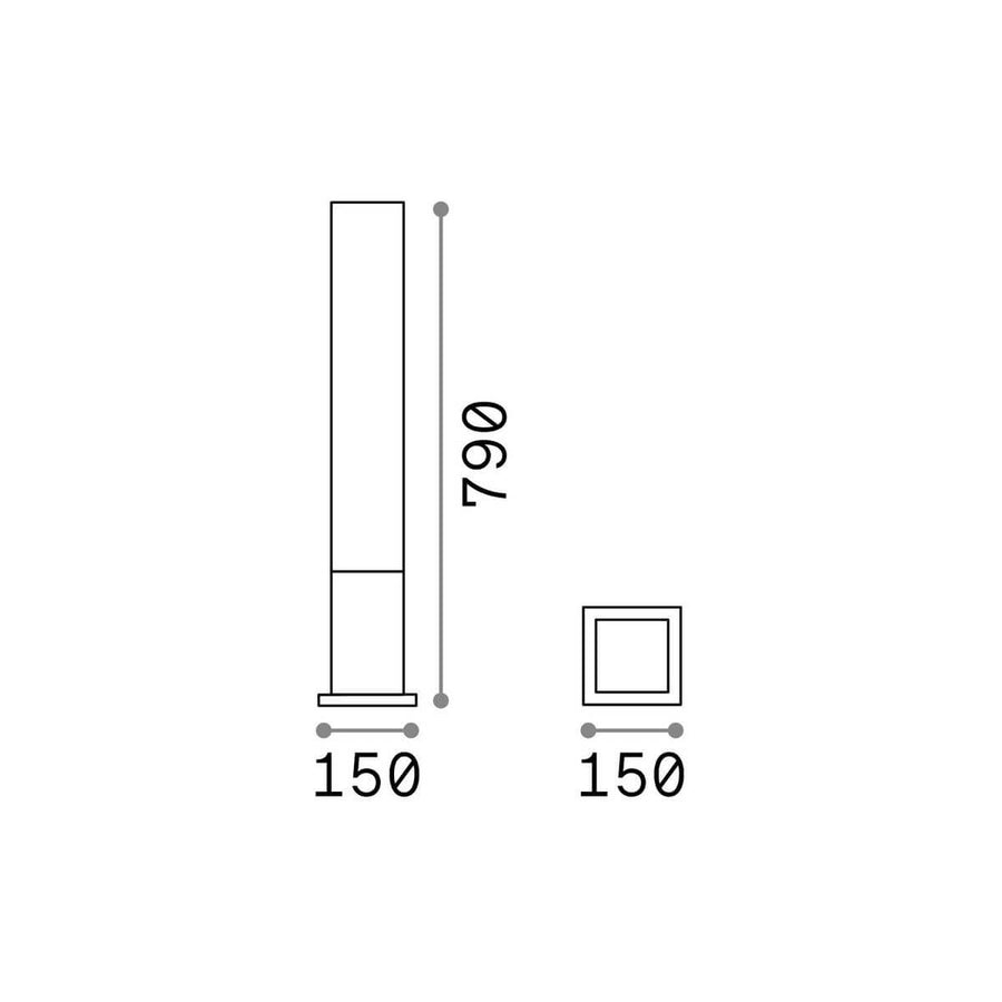 Schéma coté du lampadaire indiquant une hauteur de 790 mm et une largeur de 150 mm