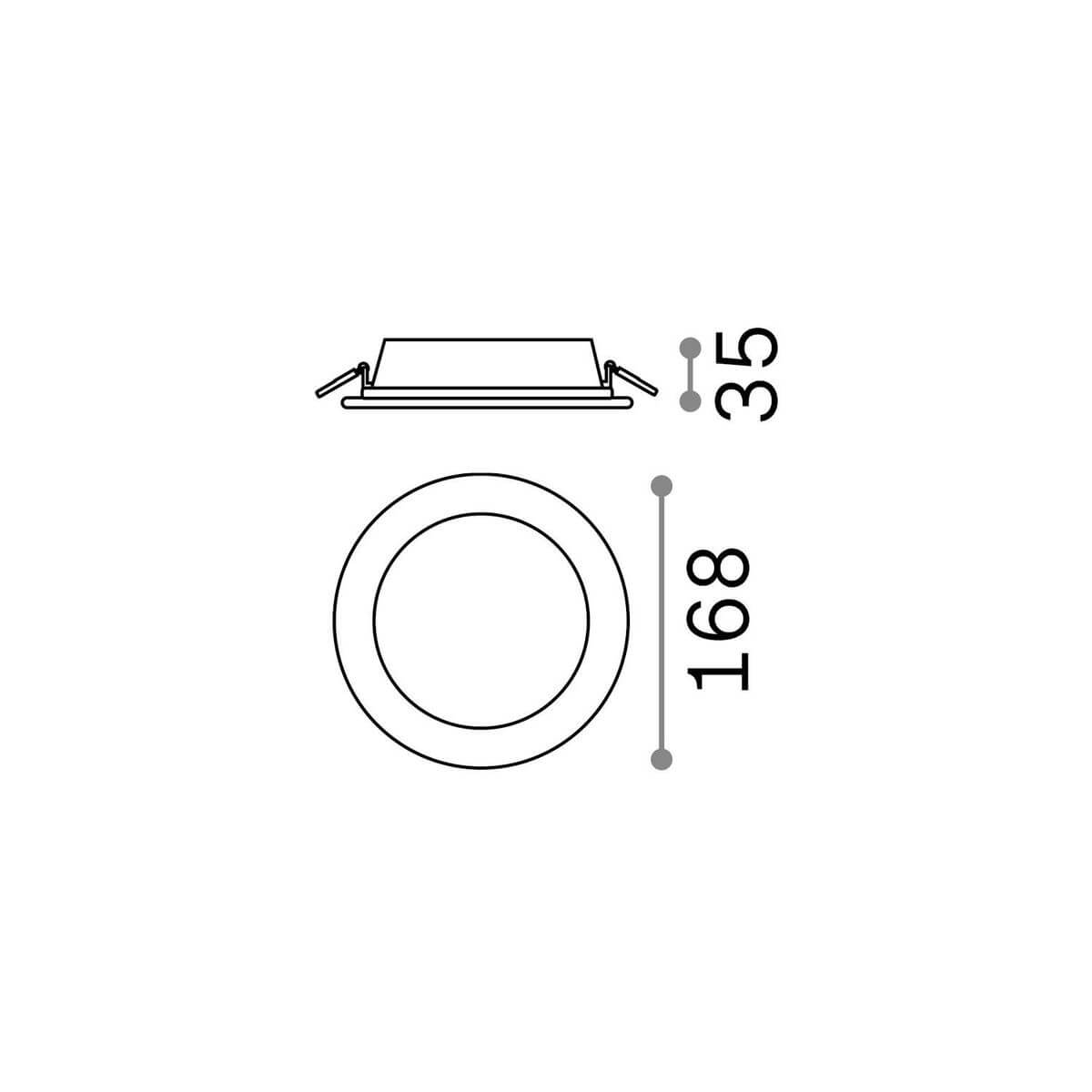 Schéma de dimensions du spot : diamètre extérieur 168 mm et épaisseur 35 mm