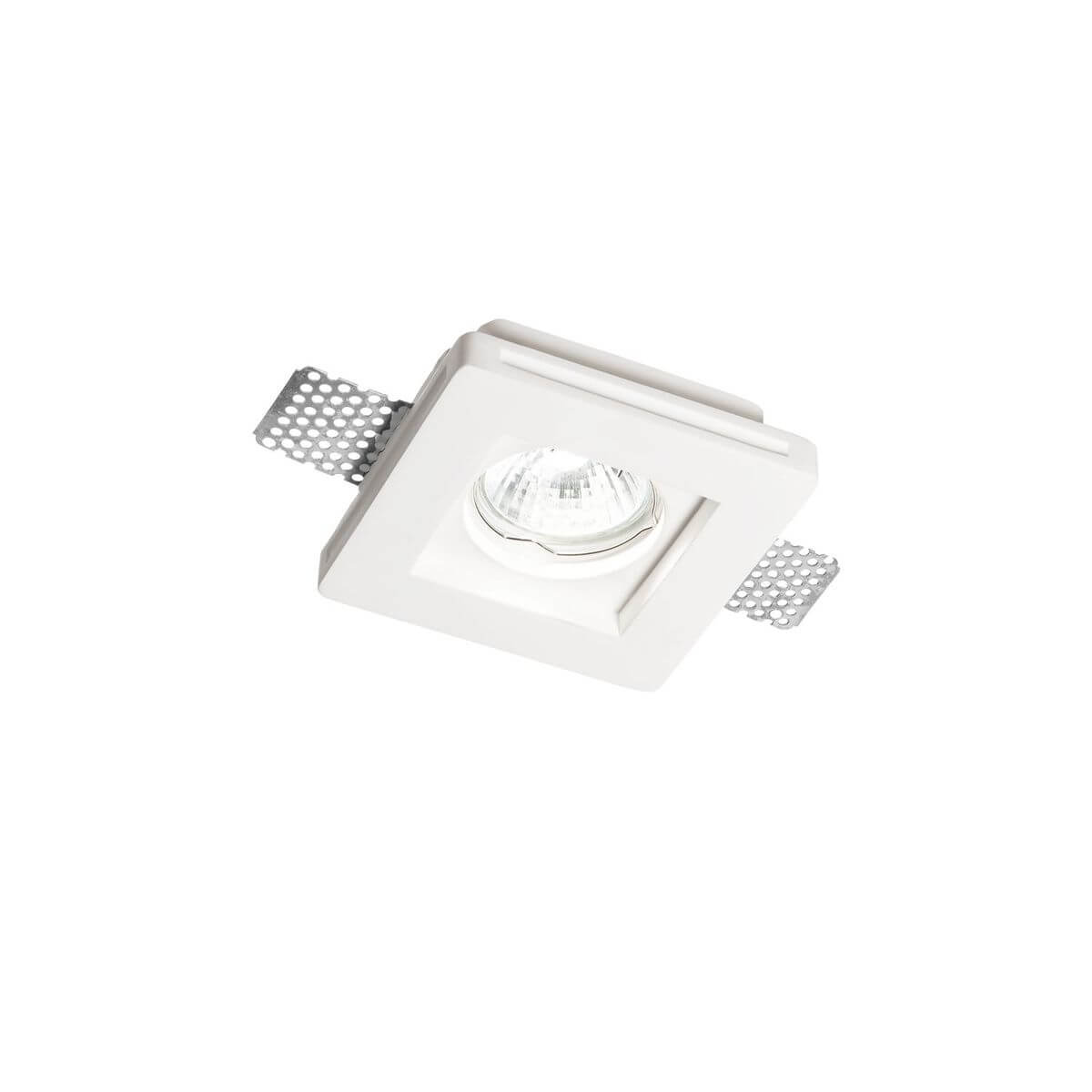 Spot encastrable carré blanc vu de face, ampoule réflecteur au centre et pattes de fixation