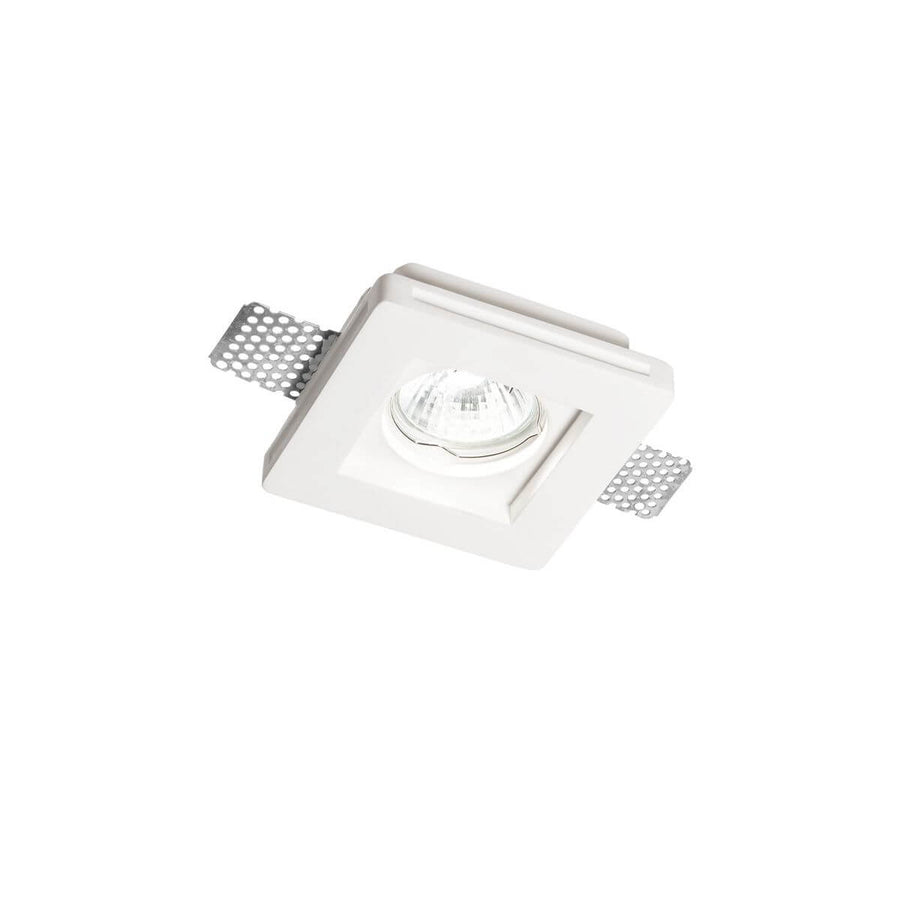 Spot encastrable carré blanc vu de face, ampoule réflecteur au centre et pattes de fixation