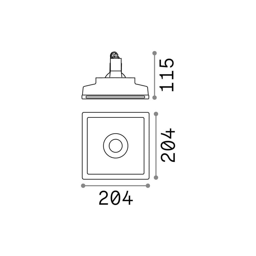 Schéma technique coté du spot carré, largeur 204 mm et profondeur 115 mm
