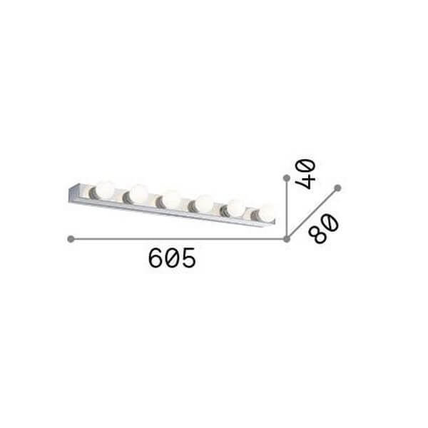 Schéma coté du luminaire : longueur 605, profondeur 80 et hauteur 40 millimètres