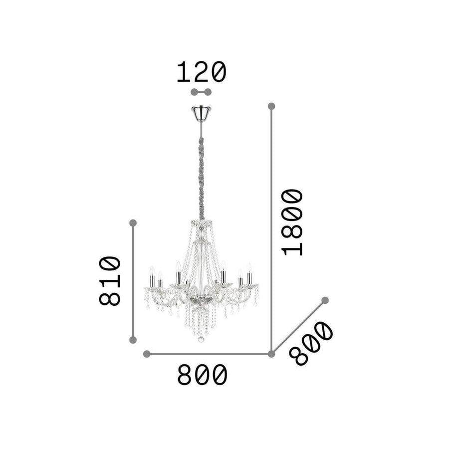 Schéma technique coté du luminaire : largeur 800, hauteur 810, hauteur totale 1800 et câble 120.