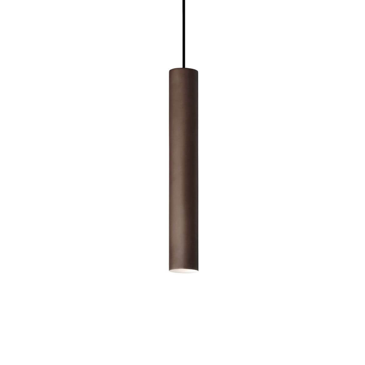 Suspension cylindrique marron foncé vue de face, cordon noir fin sur fond blanc