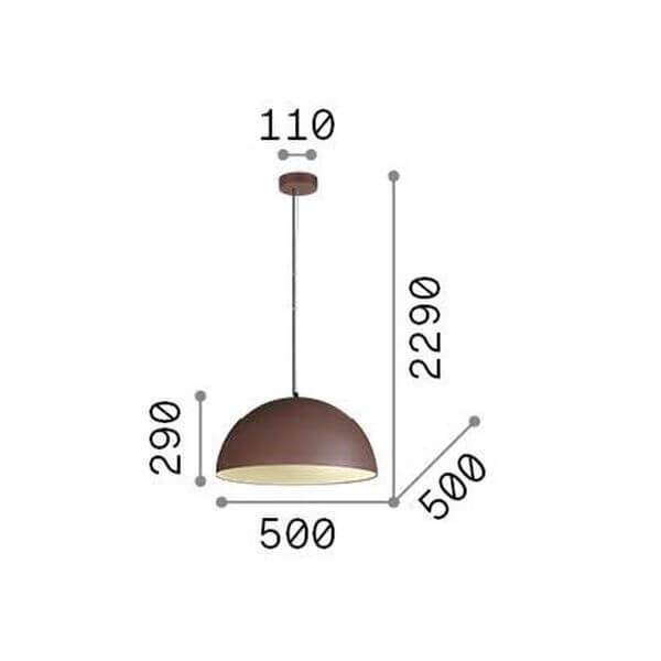 Schéma coté de la suspension : diamètre 500 mm, hauteur 290 mm, câble 2290 mm.