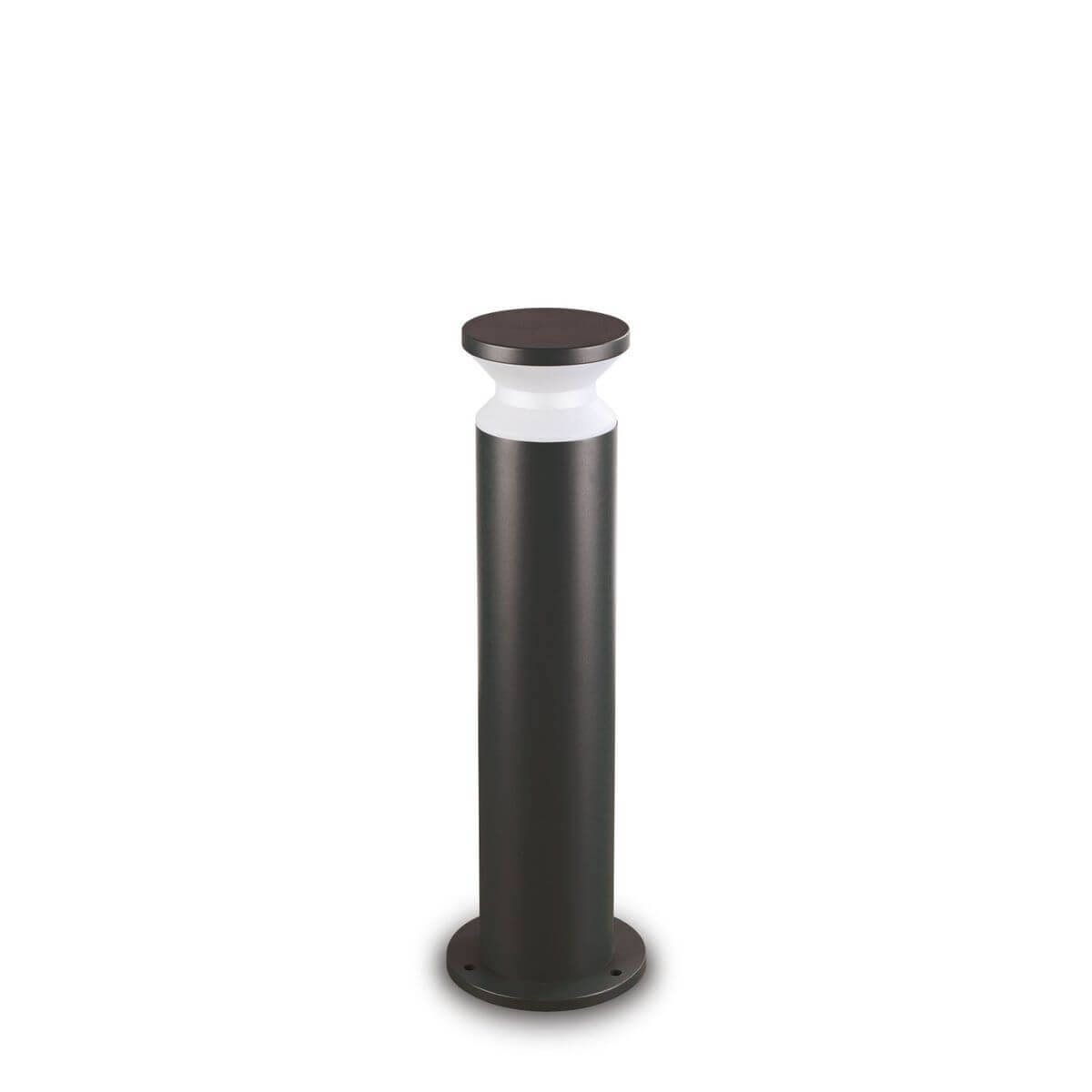 Lampadaire colonne noir sur fond blanc, vue de face, diffuseur blanc sous chapeau