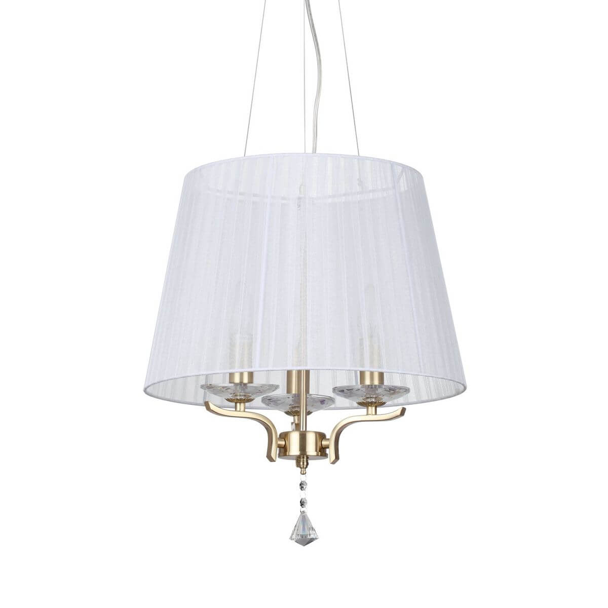 Suspension à trois lumières avec abat-jour blanc, bras en laiton et pendentif en cristal.