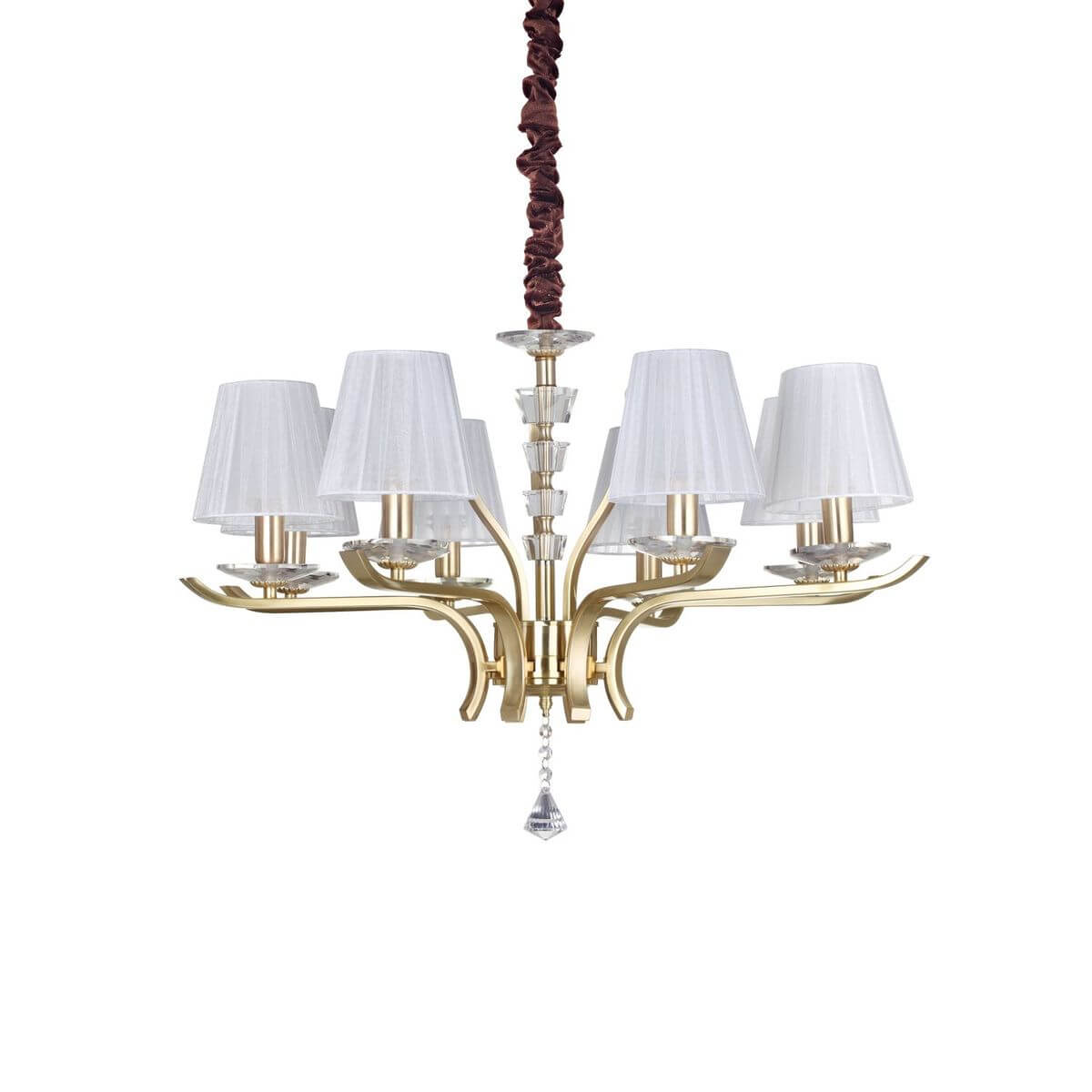 Suspension laiton huit bras courbes, abat-jours plissés blancs et pampille cristal