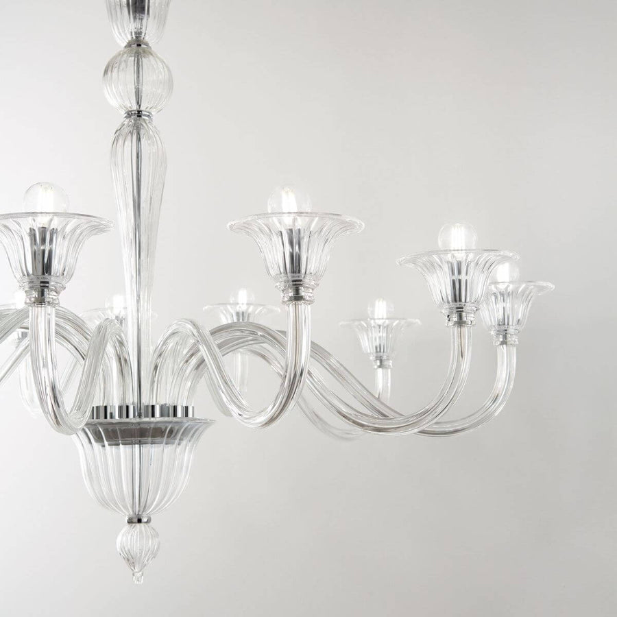 Gros plan sur les bras de verre torsadé et les coupelles cannelées de la suspension