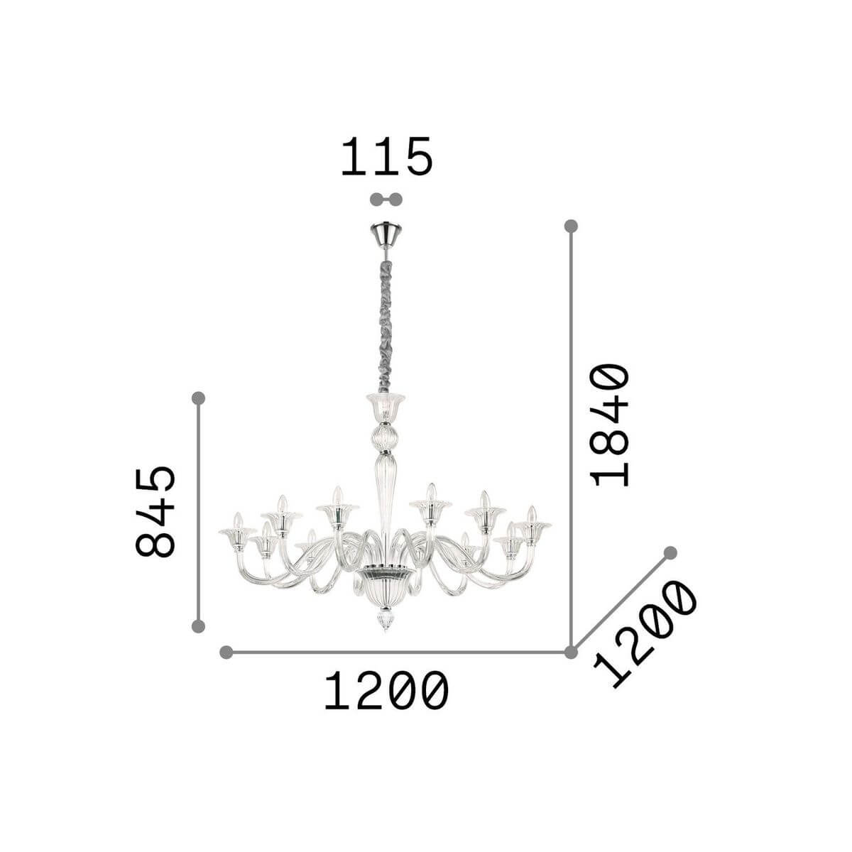 Schéma coté du luminaire avec hauteur, diamètre et longueur de suspension indiquées