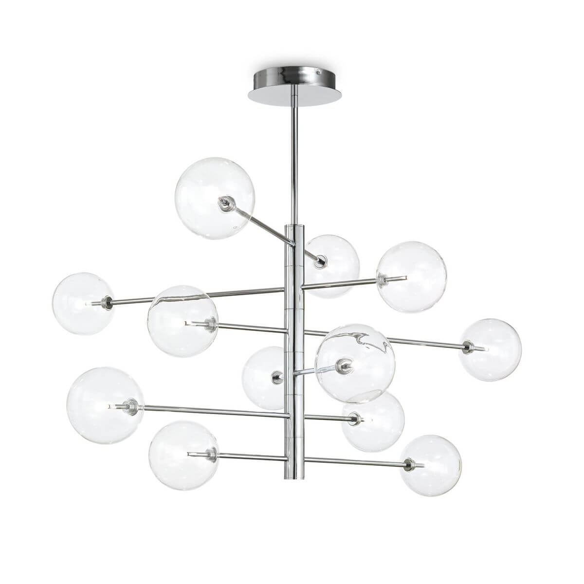 Suspension chromée à douze globes de verre transparent répartis autour d'un axe central