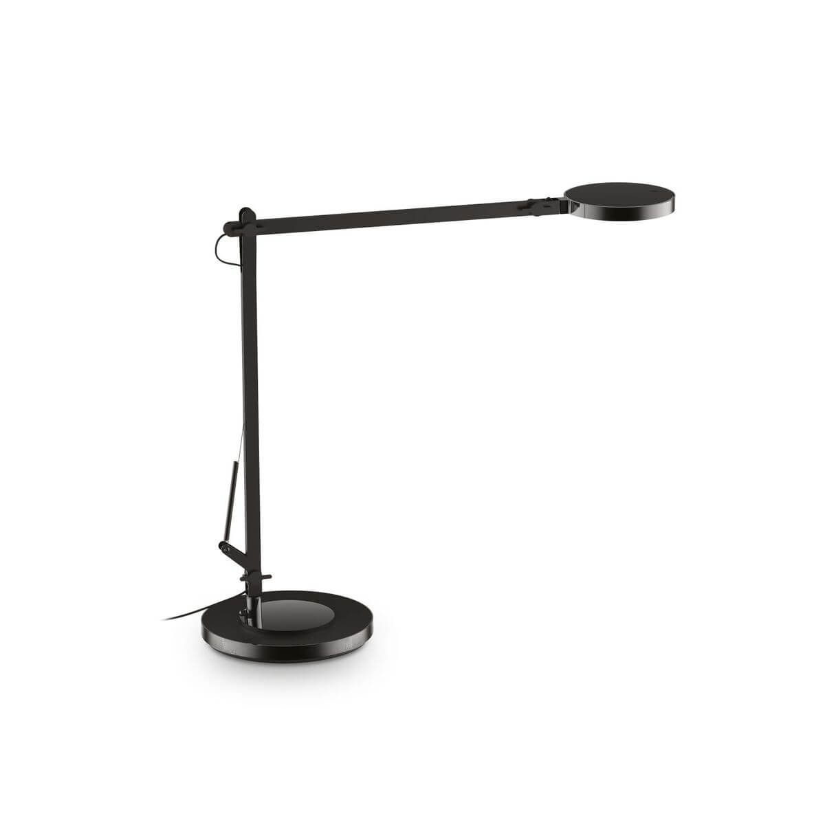 Lampe de bureau noire articulée, tête ronde plate, vue de profil sur fond blanc