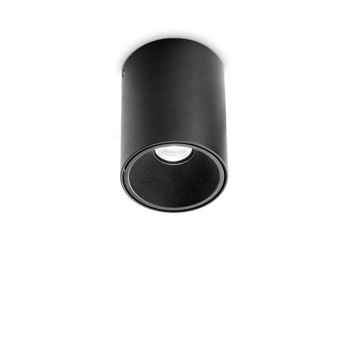 Vue de face du spot cylindrique noir avec diffuseur LED blanc au centre