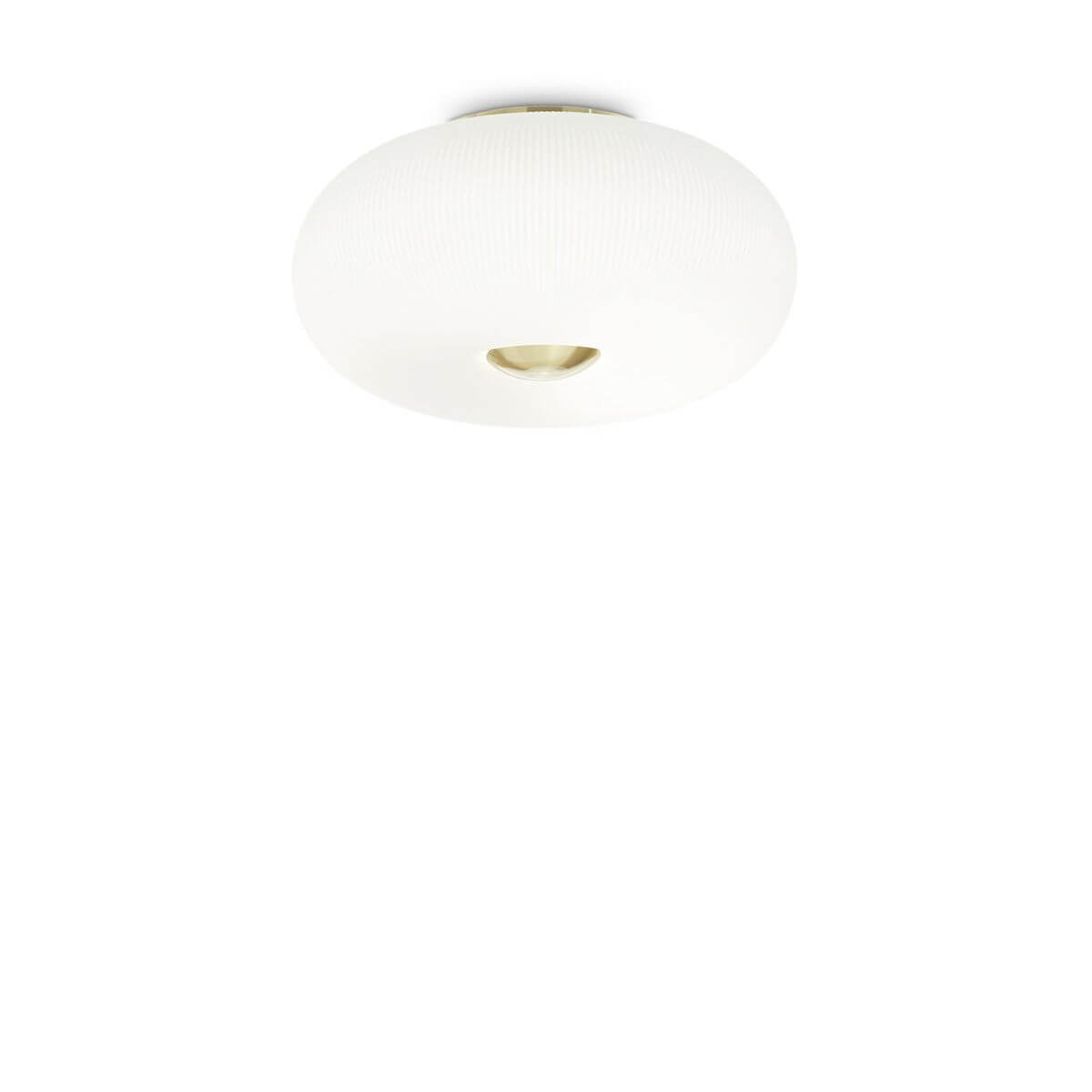Plafonnier rond blanc en verre strié, fixé au plafond, vu de face