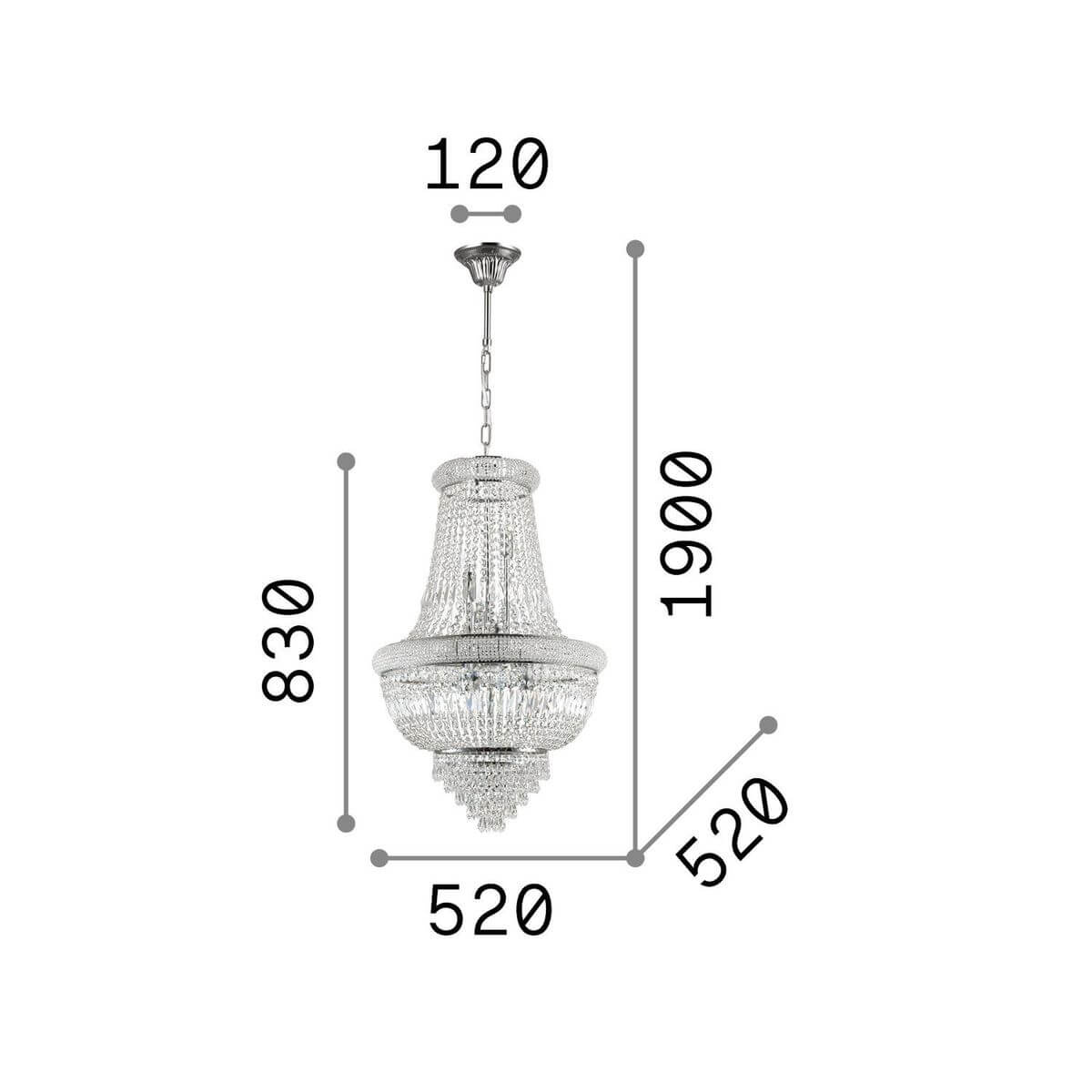 Schéma coté du luminaire avec hauteur totale 1900 et diamètre 520 millimètres