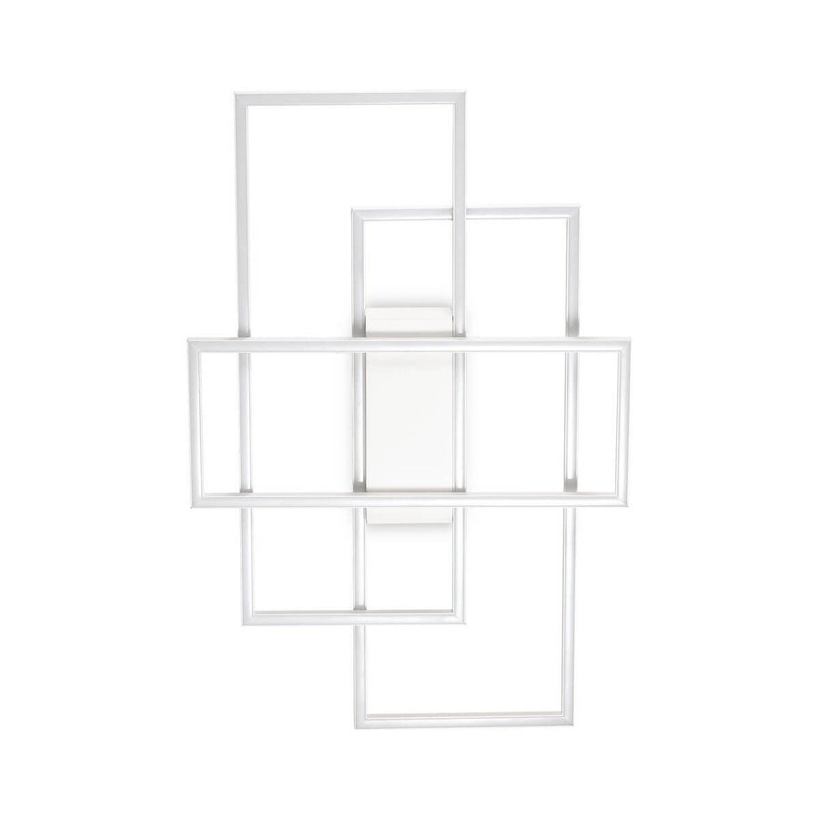 Vue de face du plafonnier blanc aux cadres rectangulaires entrelacés sur fond blanc