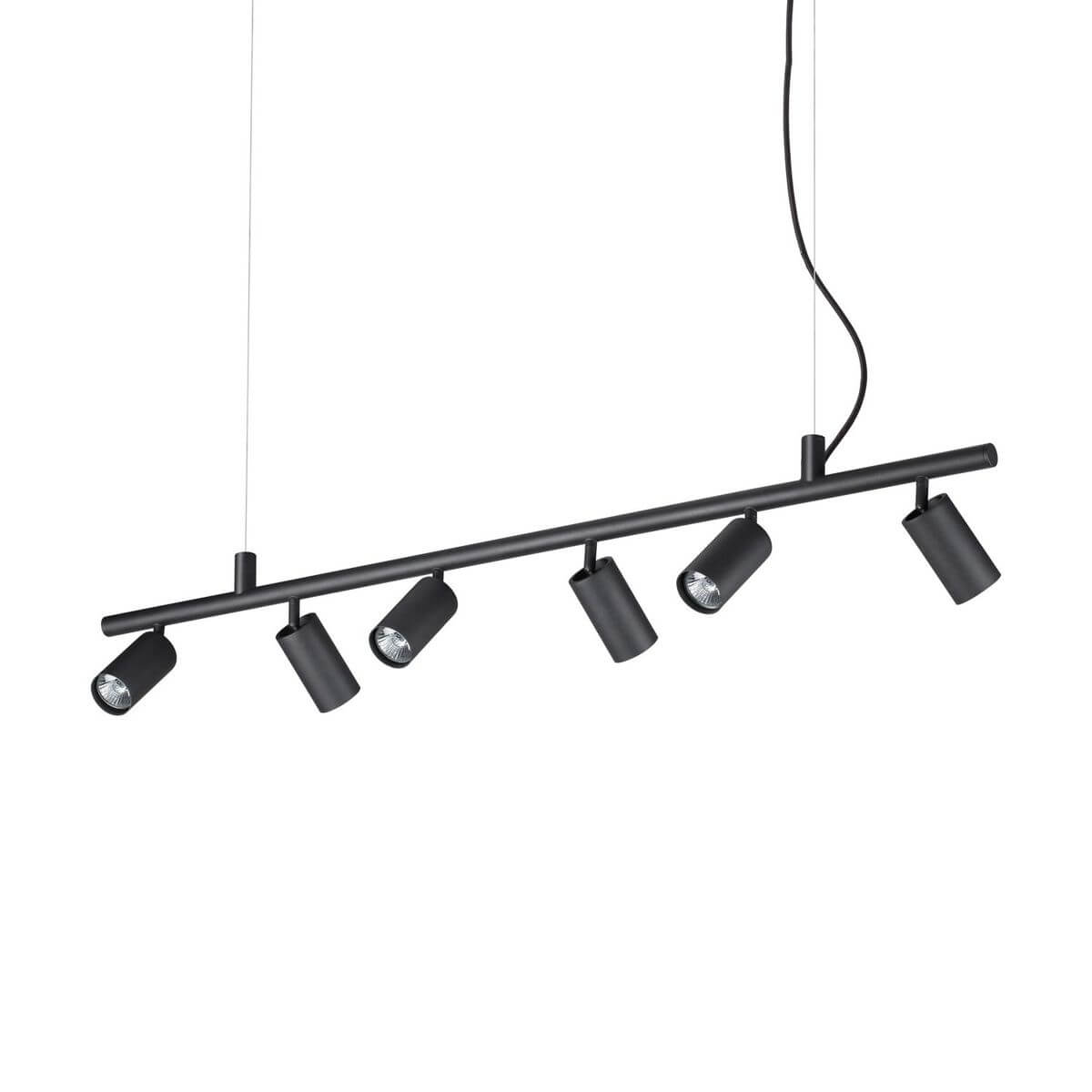 Suspension noire à six spots cylindriques orientables fixés sur une barre horizontale