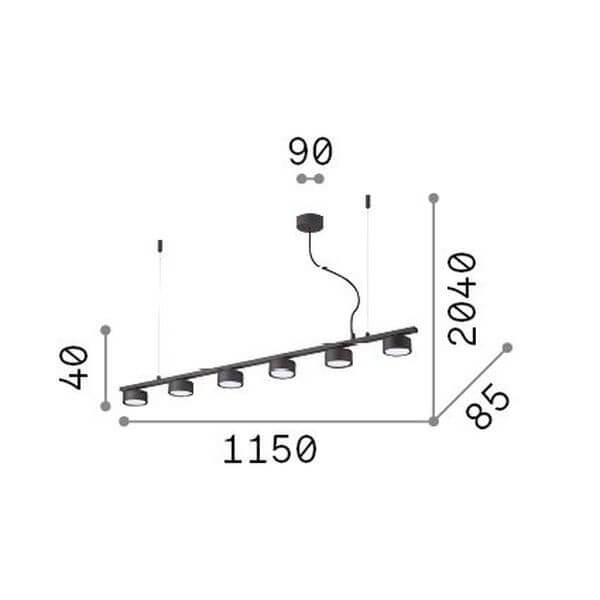 Schéma coté de la suspension : largeur 1150 mm, hauteur 2040 mm, profondeur 85 mm