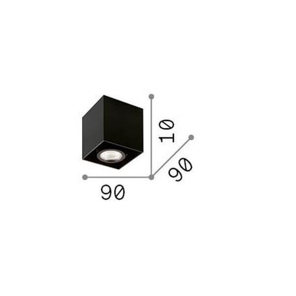 Schéma coté du luminaire : 90 mm de côté et 100 mm de hauteur.