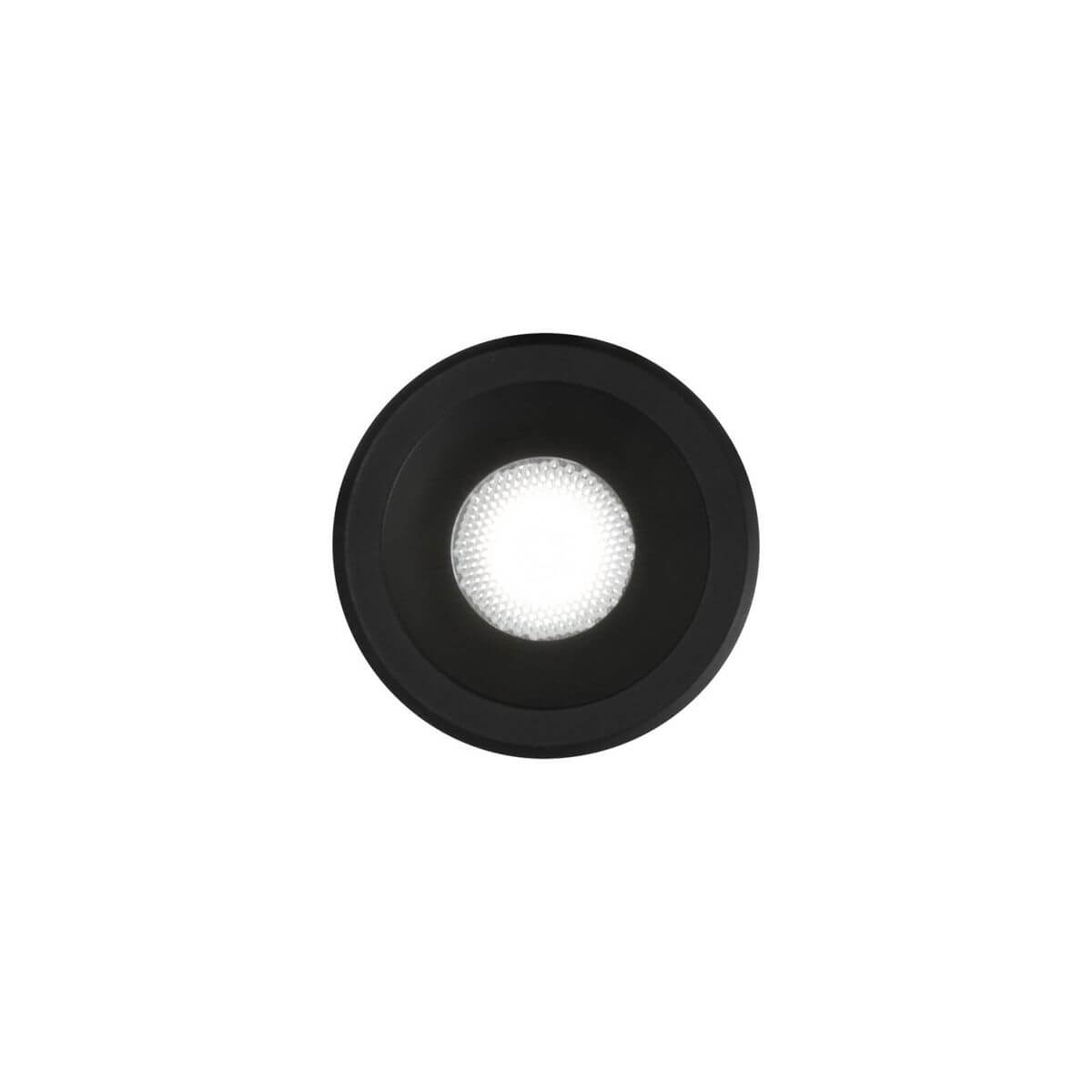 Spot encastré rond noir vu de face, large collerette et diode LED centrale allumée