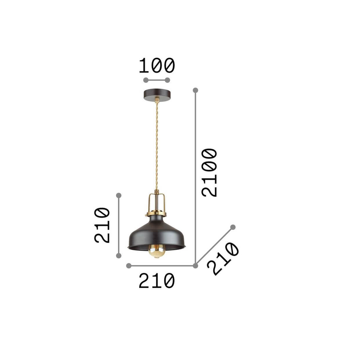 Schéma coté du luminaire, hauteur totale 2100 mm et diamètre 210 mm