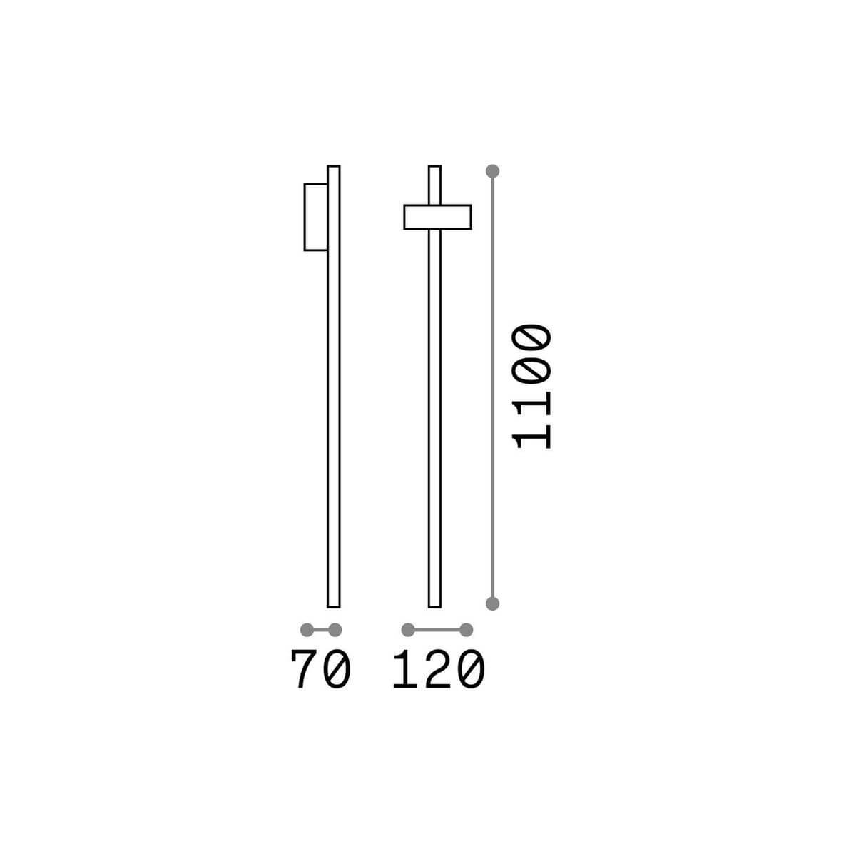 Schéma coté du lampadaire extérieur avec hauteur 1100 mm, base 120 mm et mât 70 mm.