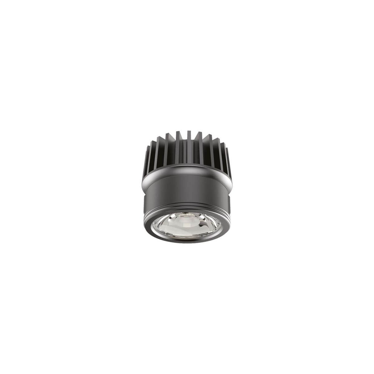 Spot encastrable noir vu de trois quarts, dissipateur à ailettes et lentille LED apparente