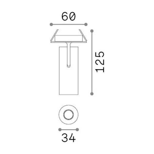 Schéma coté : base de 60 mm, hauteur totale 125 mm et diamètre de 34 mm