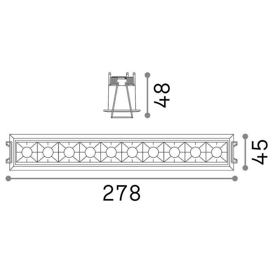 Schéma de dimensions du spot encastrable avec 278 mm, 45 mm et 48 mm