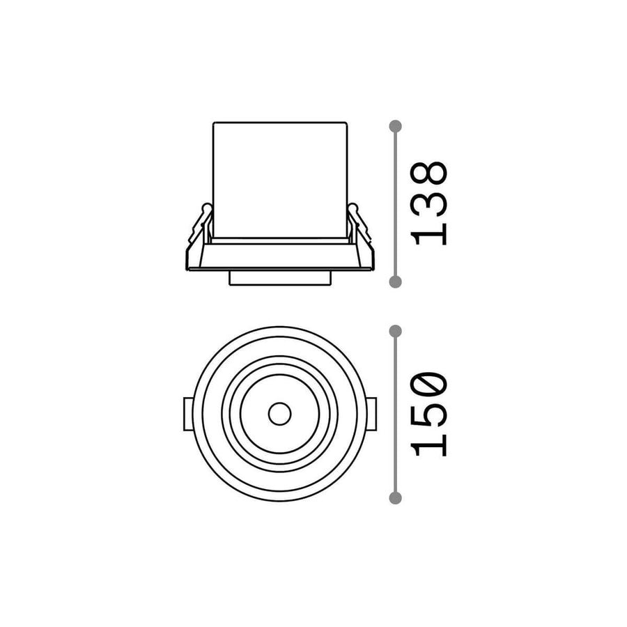 Schéma de dimensions du spot : vue de profil et de dessous, diamètre 150 mm