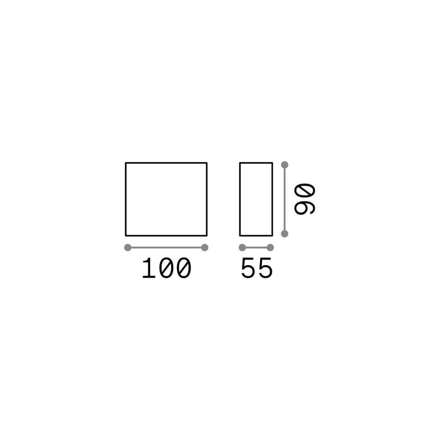 Schéma coté : 100 mm de largeur, 55 mm de profondeur et 90 mm de hauteur