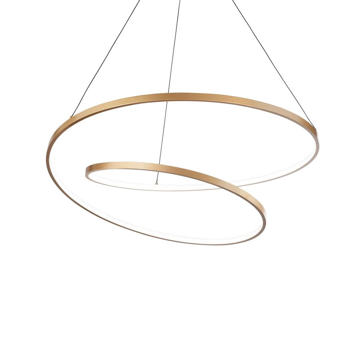 Suspension annulaire en laiton avec diffuseur LED blanc, vue de trois quarts sur fond blanc.