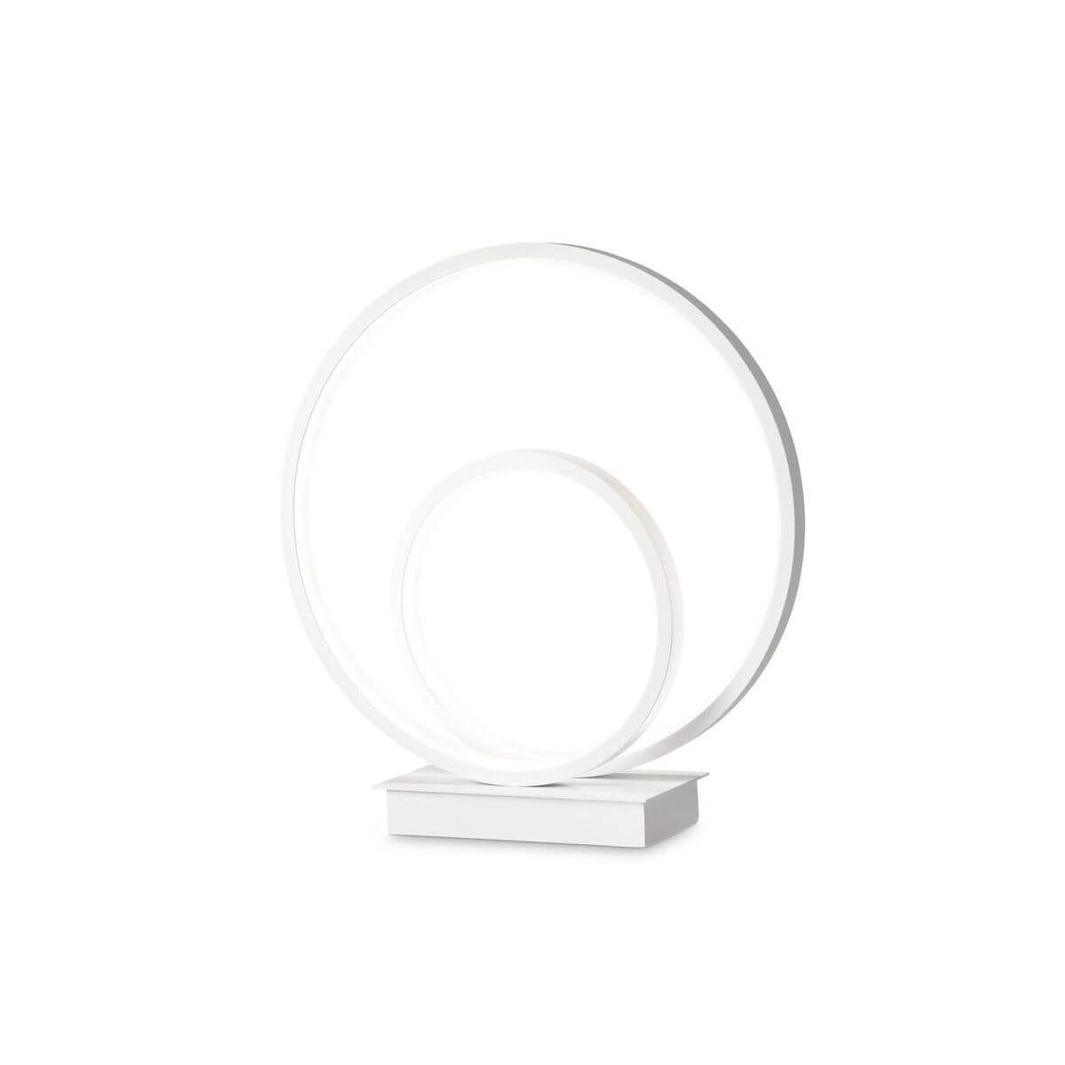 Lampe blanche de face sur fond blanc, formée de deux anneaux concentriques.
