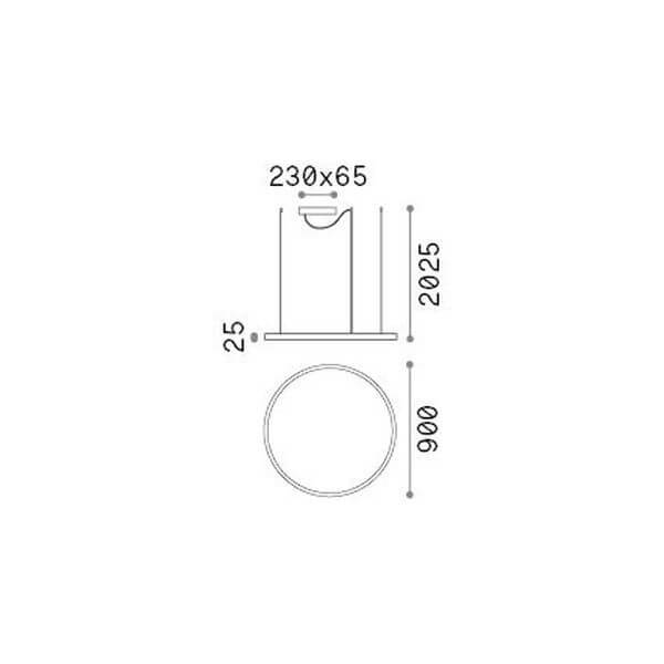 Schéma technique coté du luminaire avec diamètre 900 mm et hauteur 2025 mm