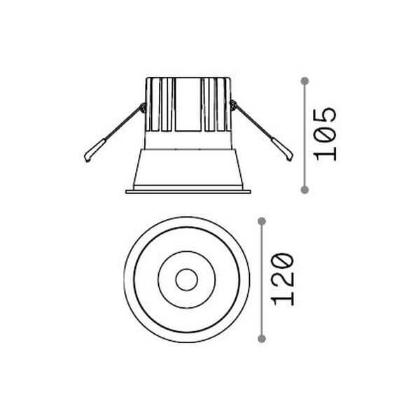 Schéma technique coté montrant 105 mm de hauteur et 120 mm de diamètre