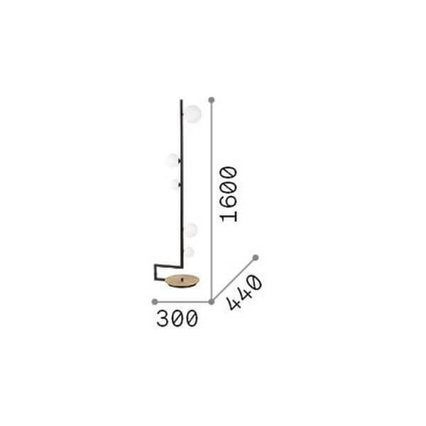 Schéma côté du lampadaire : hauteur 1600, base 300 et profondeur 440 mm.
