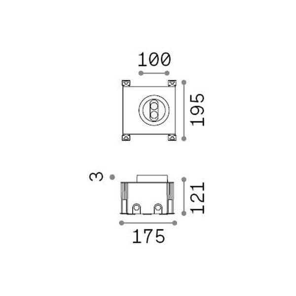 Schéma de dimensions du luminaire avec vues de dessus et de côté.
