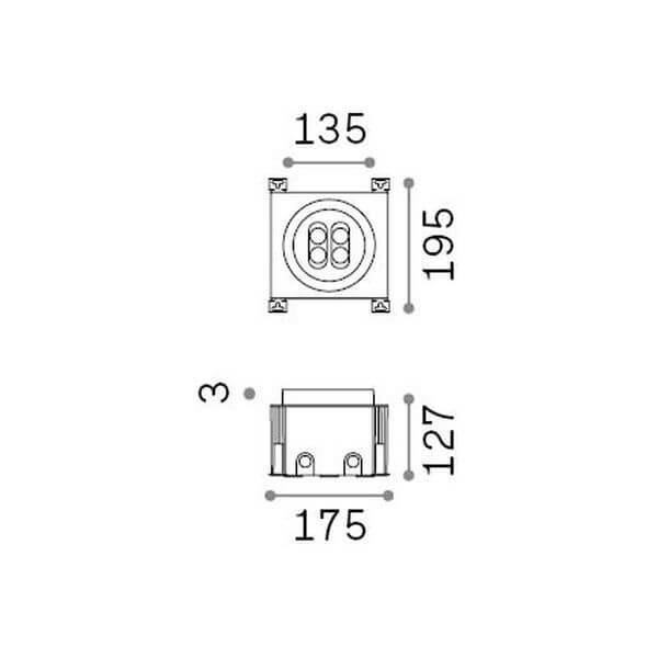 Schéma coté du luminaire : largeur 135, longueur 195, hauteur 127 et profondeur 175.