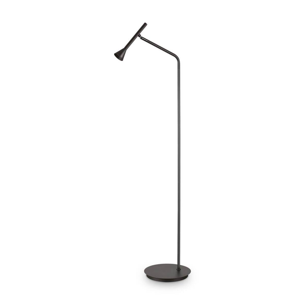 Lampadaire noir très fin, tête orientable en cône, vue de face sur fond blanc