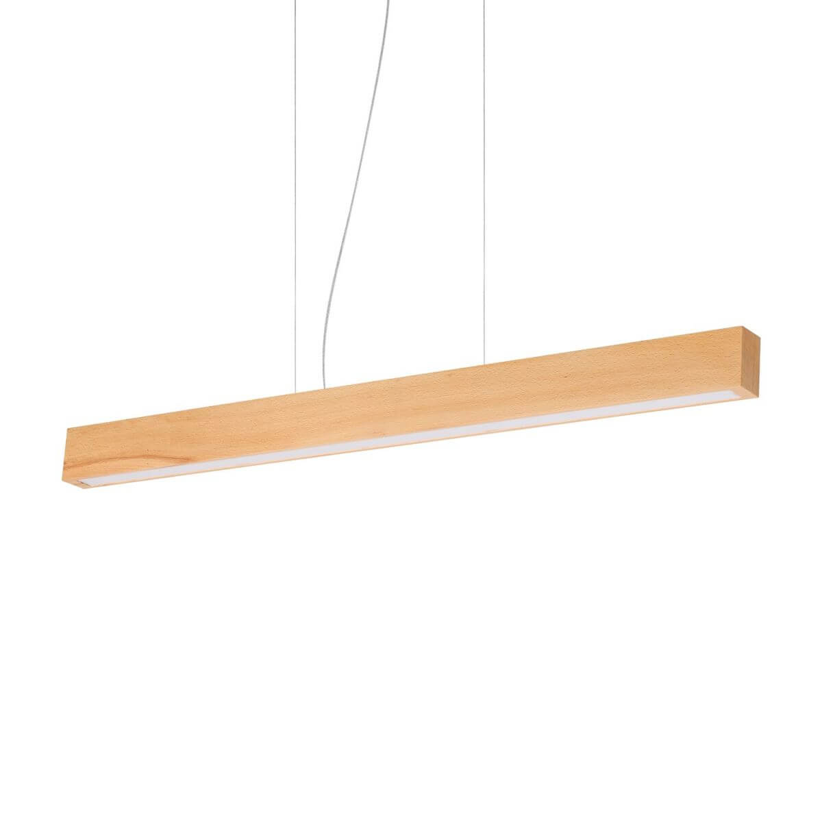 Vue de face du luminaire suspendu en bois clair, deux cordons fins, fond blanc