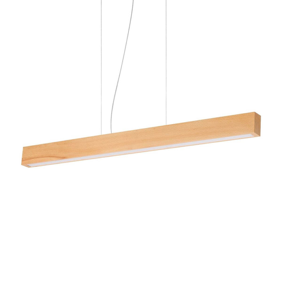Vue de face du luminaire suspendu en bois clair, deux cordons fins, fond blanc