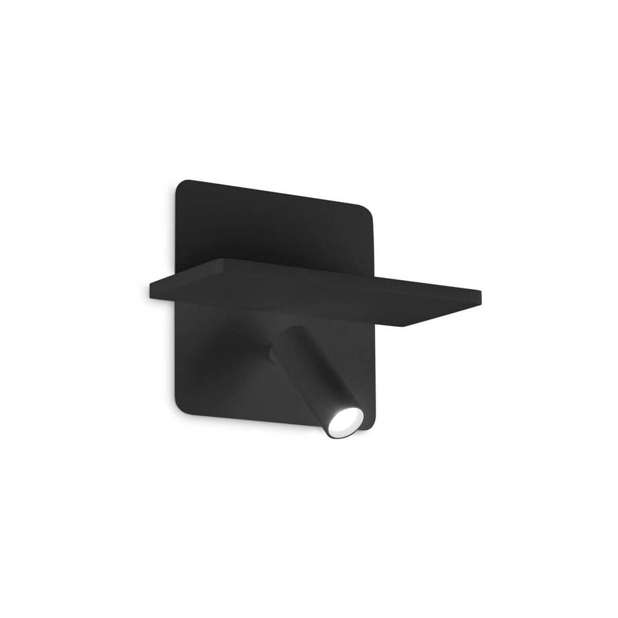 Applique murale noire de face sur fond blanc, avec tablette et projecteur orientable