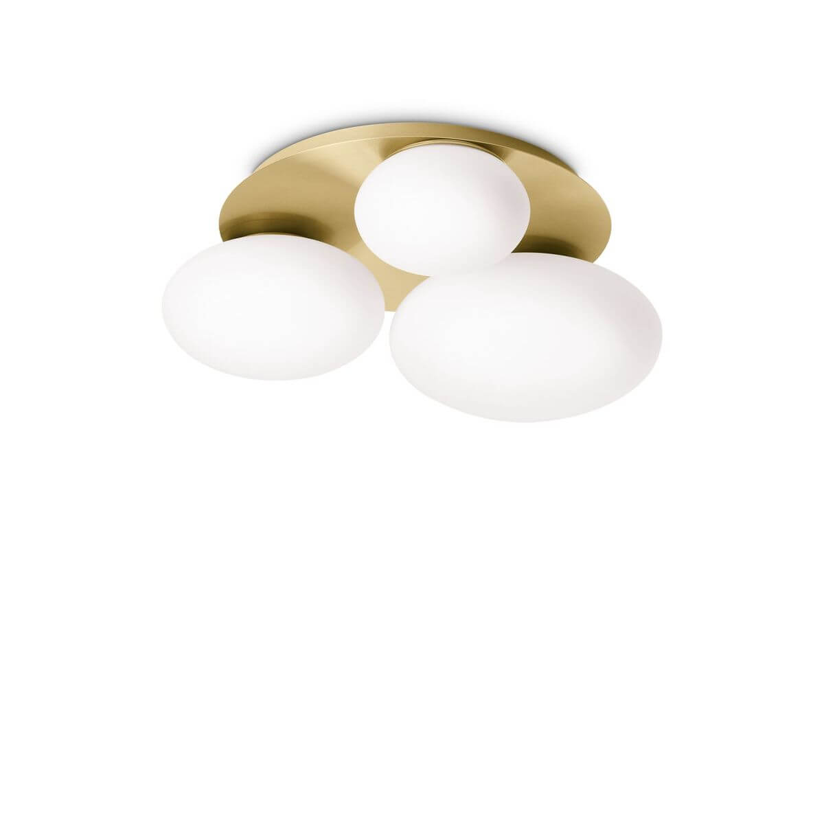 Plafonnier laiton et trois diffuseurs ovales en verre opalin blanc
