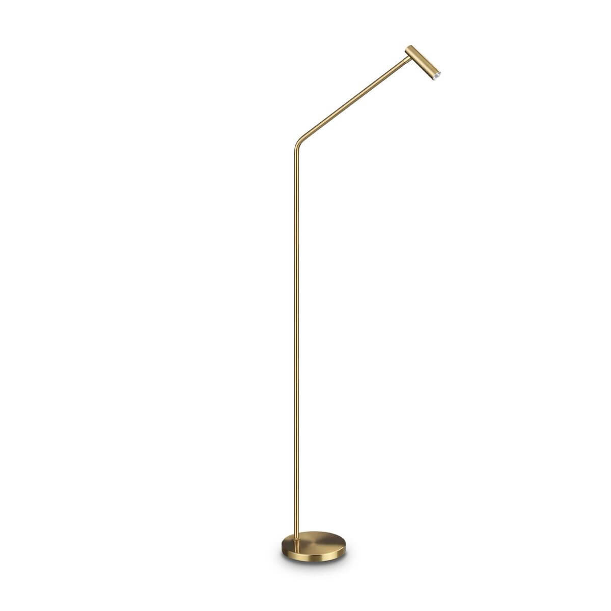 Lampadaire en laiton fin avec tige inclinée et tête cylindrique, sur fond blanc