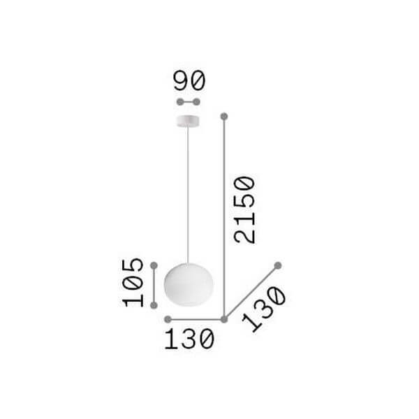 Schéma de dimensions du luminaire : diamètre 130 mm, hauteur 2150 mm et rosace 90 mm
