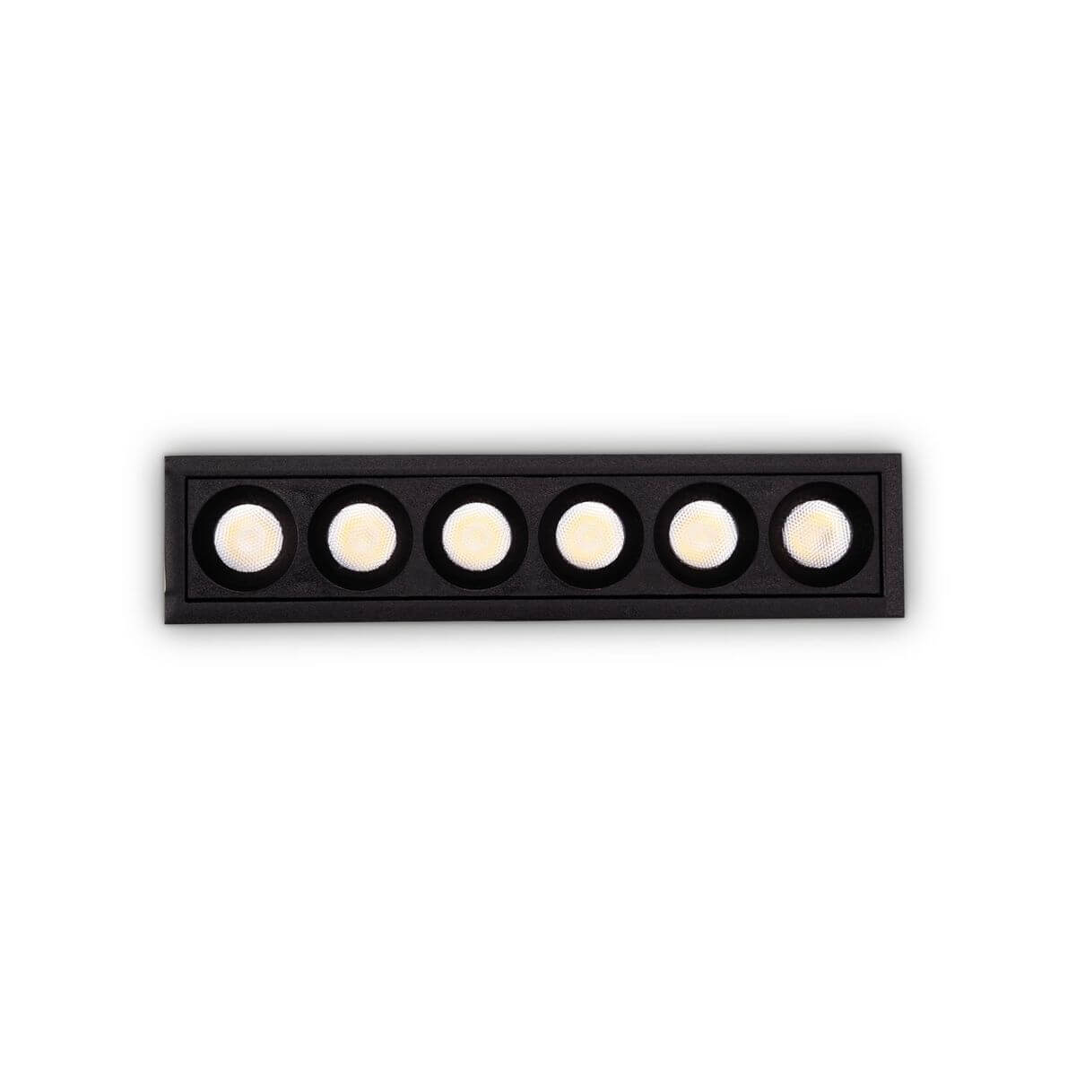 Vue de face du spot linéaire noir à six LED rondes sur fond blanc.