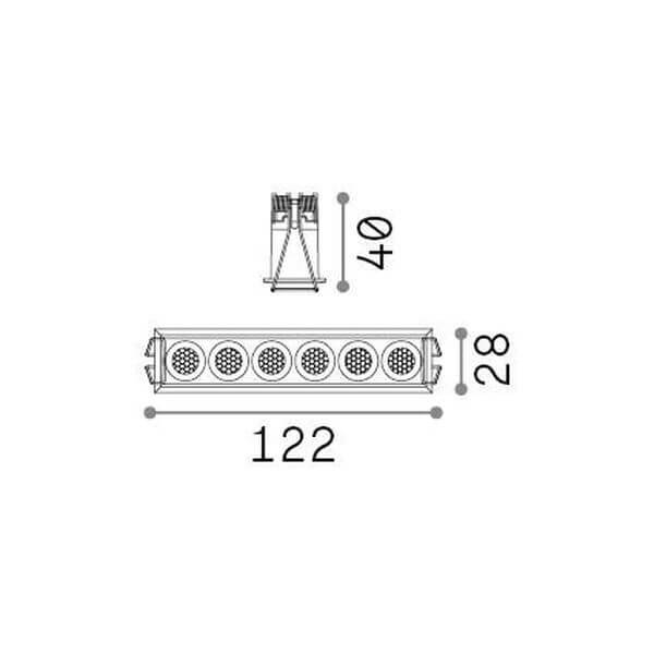 Schéma technique coté du spot avec dimensions 122, 28 et 40 mm.