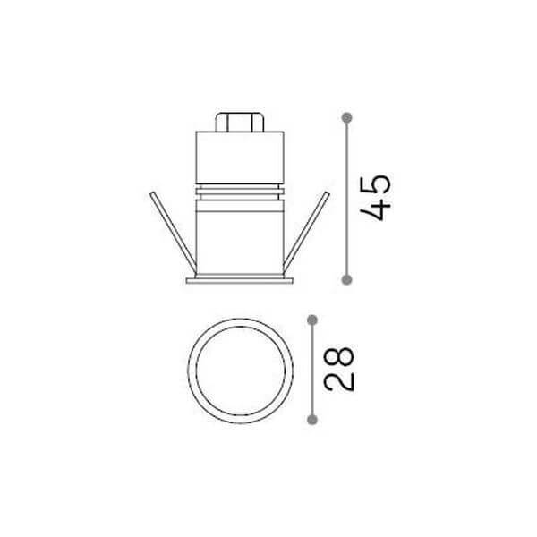 Schéma technique coté : hauteur 45 mm et diamètre 28 mm