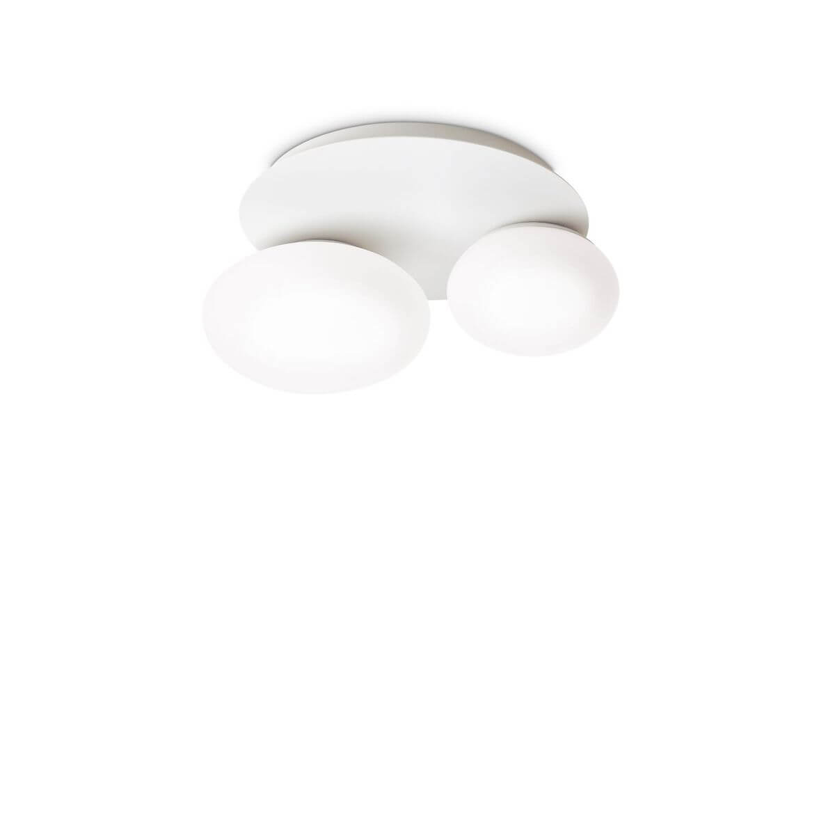 Photo du produit de face, plafonnier blanc à deux diffuseurs en verre opalin ovales.