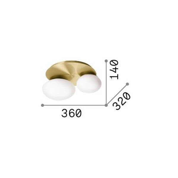 Schéma de dimensions du plafonnier avec base dorée, largeur 360, profondeur 320, hauteur 140.